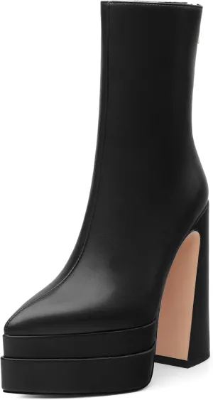 FOGEENA Platform Ankle Boots for Women Chunky Block Heel Pointed Toe Zipper 5.9 Inch Heeled Fall Boots Fashion Dating Party Evening Short Booties