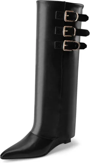 Fold Over Boots for Women Sleek Knee High Boots - Wide Calf Wedge Heel with Triple Buckle Detail Leather Pointed Toe, Versatile Fashion for Dress and Casual Wear