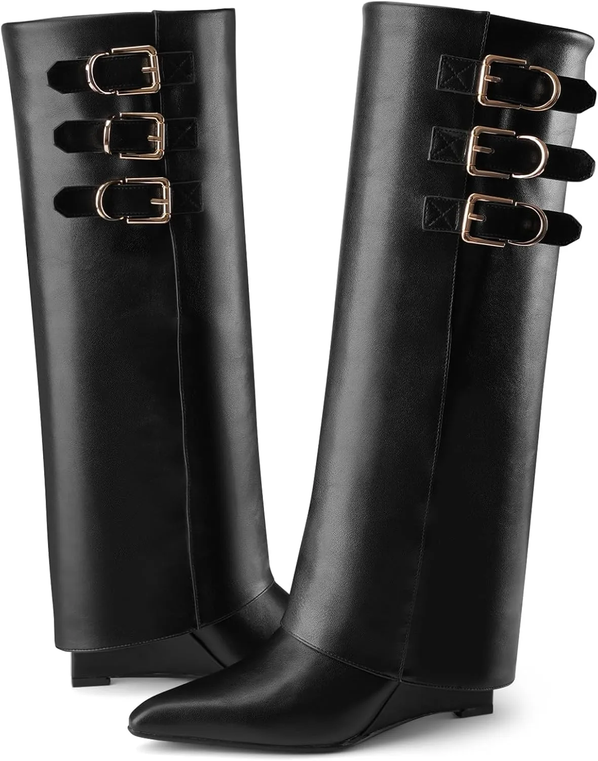 Fold Over Boots for Women Sleek Knee High Boots - Wide Calf Wedge Heel with Triple Buckle Detail Leather Pointed Toe, Versatile Fashion for Dress and Casual Wear