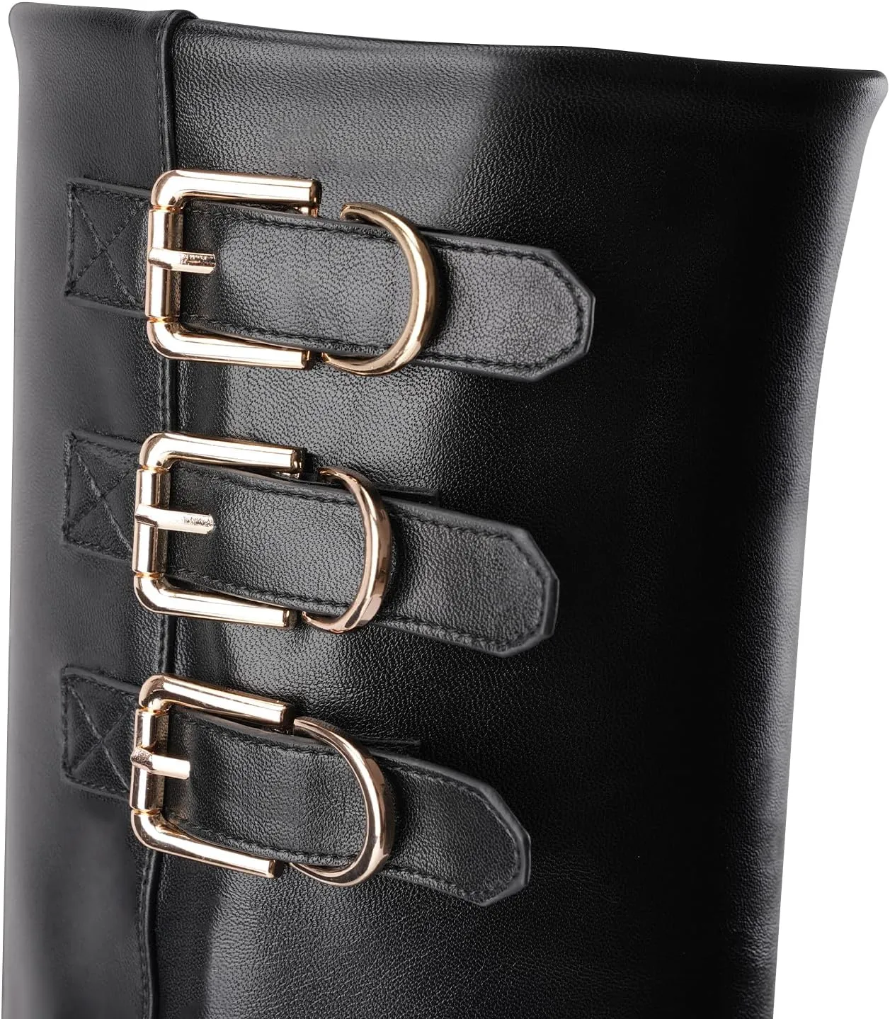 Fold Over Boots for Women Sleek Knee High Boots - Wide Calf Wedge Heel with Triple Buckle Detail Leather Pointed Toe, Versatile Fashion for Dress and Casual Wear