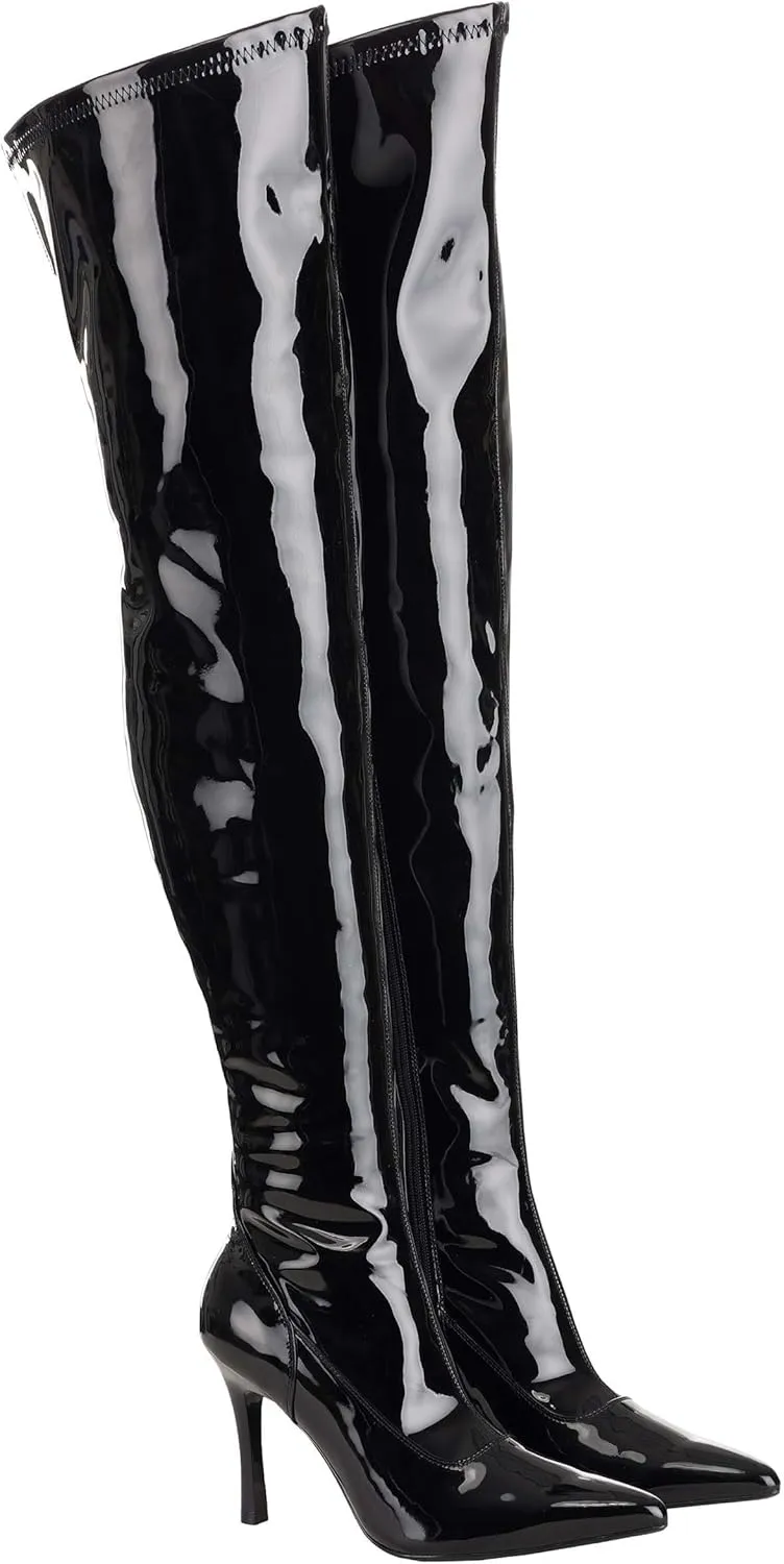 Fun Costumes Women's Thigh High Black Patent 5" Stiletto High Heel Boot, Shiny Faux Leather, Zipper Closure Size 6