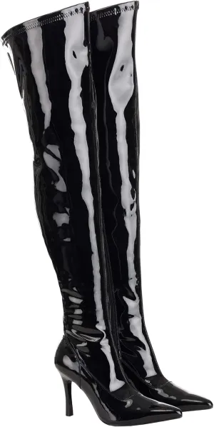 Fun Costumes Women's Thigh High Black Patent 5" Stiletto High Heel Boot, Shiny Faux Leather, Zipper Closure Size 6