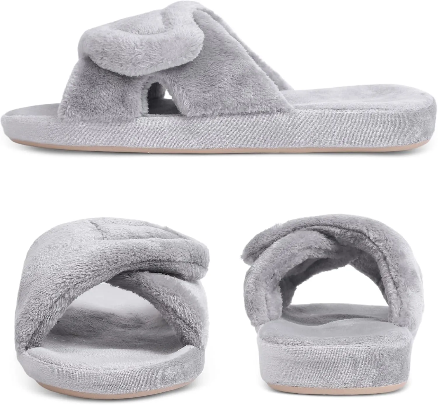 Git-up Women's Adjustable Diabetic Slippers Memory Foam House Shoes Cozy Arch Support Orthotic Heel Cup Arthritis Edema Slippers Non Slip Rubber Sole, Open Toe Fuzzy Slide Sandals for Ladies