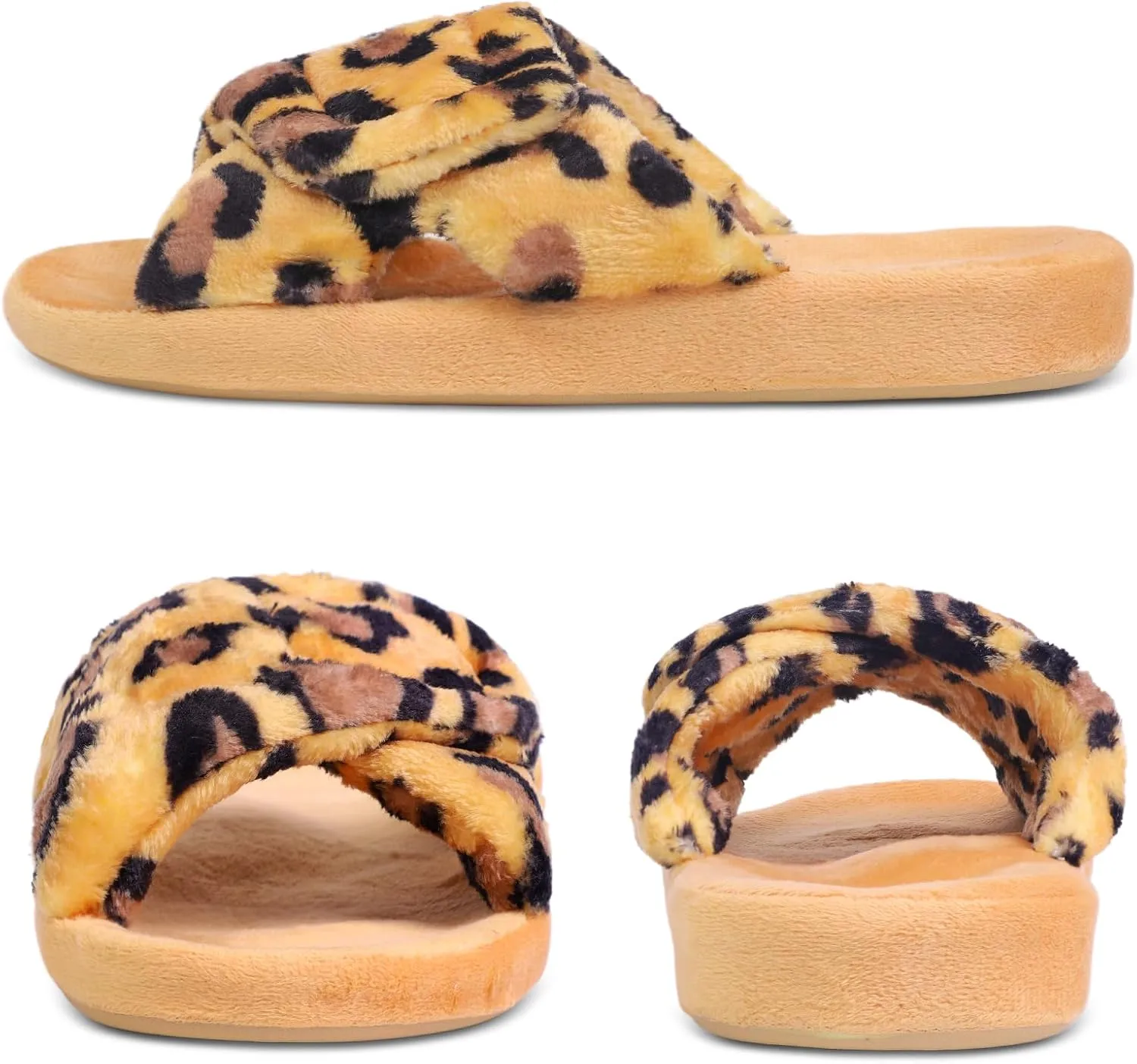Git-up Women's Adjustable Diabetic Slippers Memory Foam House Shoes Cozy Arch Support Orthotic Heel Cup Arthritis Edema Slippers Non Slip Rubber Sole, Open Toe Fuzzy Slide Sandals for Ladies