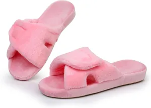 Git-up Women's Adjustable Diabetic Slippers Memory Foam House Shoes Cozy Arch Support Orthotic Heel Cup Arthritis Edema Slippers Non Slip Rubber Sole, Open Toe Fuzzy Slide Sandals for Ladies
