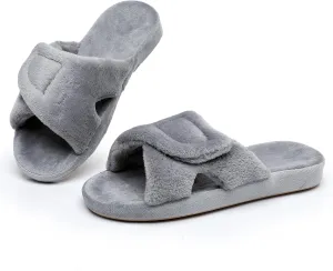 Git-up Women's Adjustable Diabetic Slippers Memory Foam House Shoes Cozy Arch Support Orthotic Heel Cup Arthritis Edema Slippers Non Slip Rubber Sole, Open Toe Fuzzy Slide Sandals for Ladies