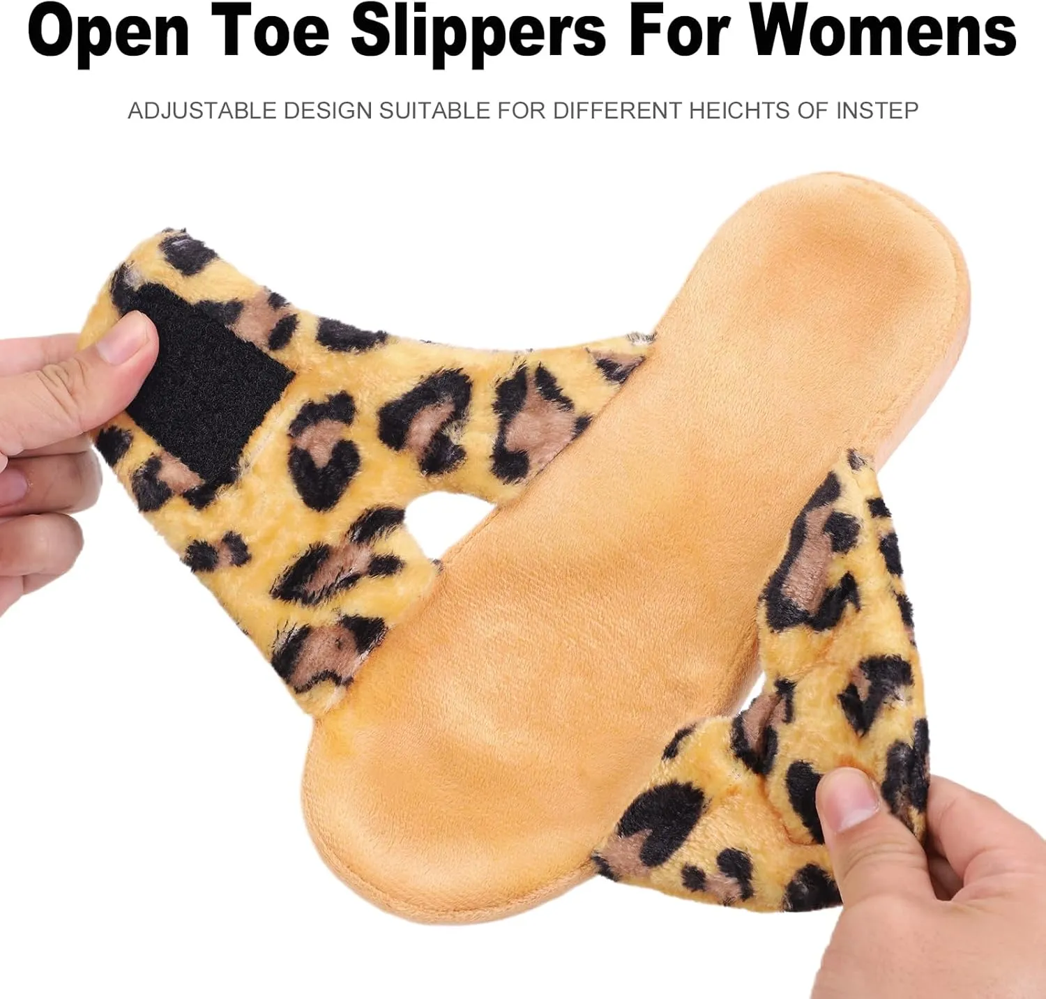 Git-up Women's Adjustable Diabetic Slippers Memory Foam House Shoes Cozy Arch Support Orthotic Heel Cup Arthritis Edema Slippers Non Slip Rubber Sole, Open Toe Fuzzy Slide Sandals for Ladies
