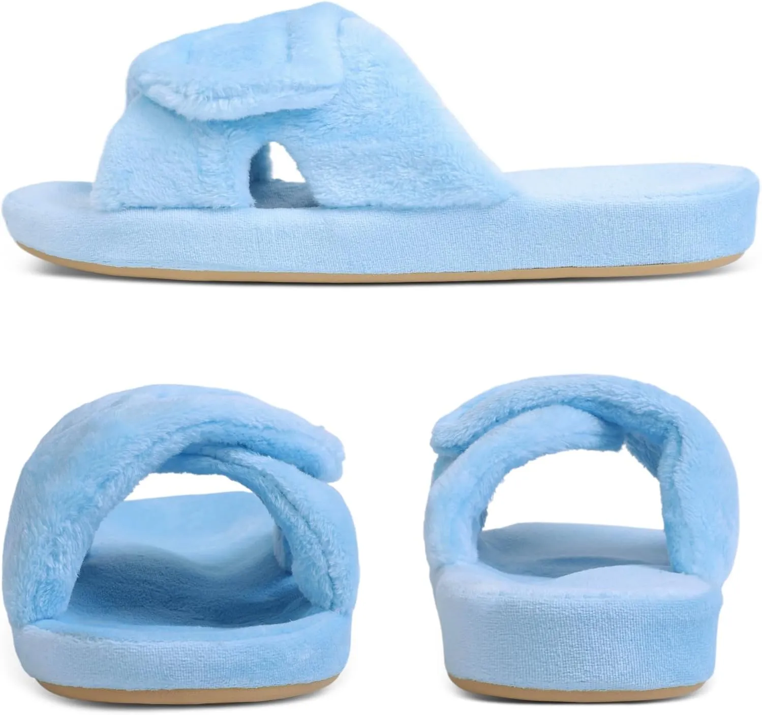 Git-up Women's Adjustable Diabetic Slippers Memory Foam House Shoes Cozy Arch Support Orthotic Heel Cup Arthritis Edema Slippers Non Slip Rubber Sole, Open Toe Fuzzy Slide Sandals for Ladies