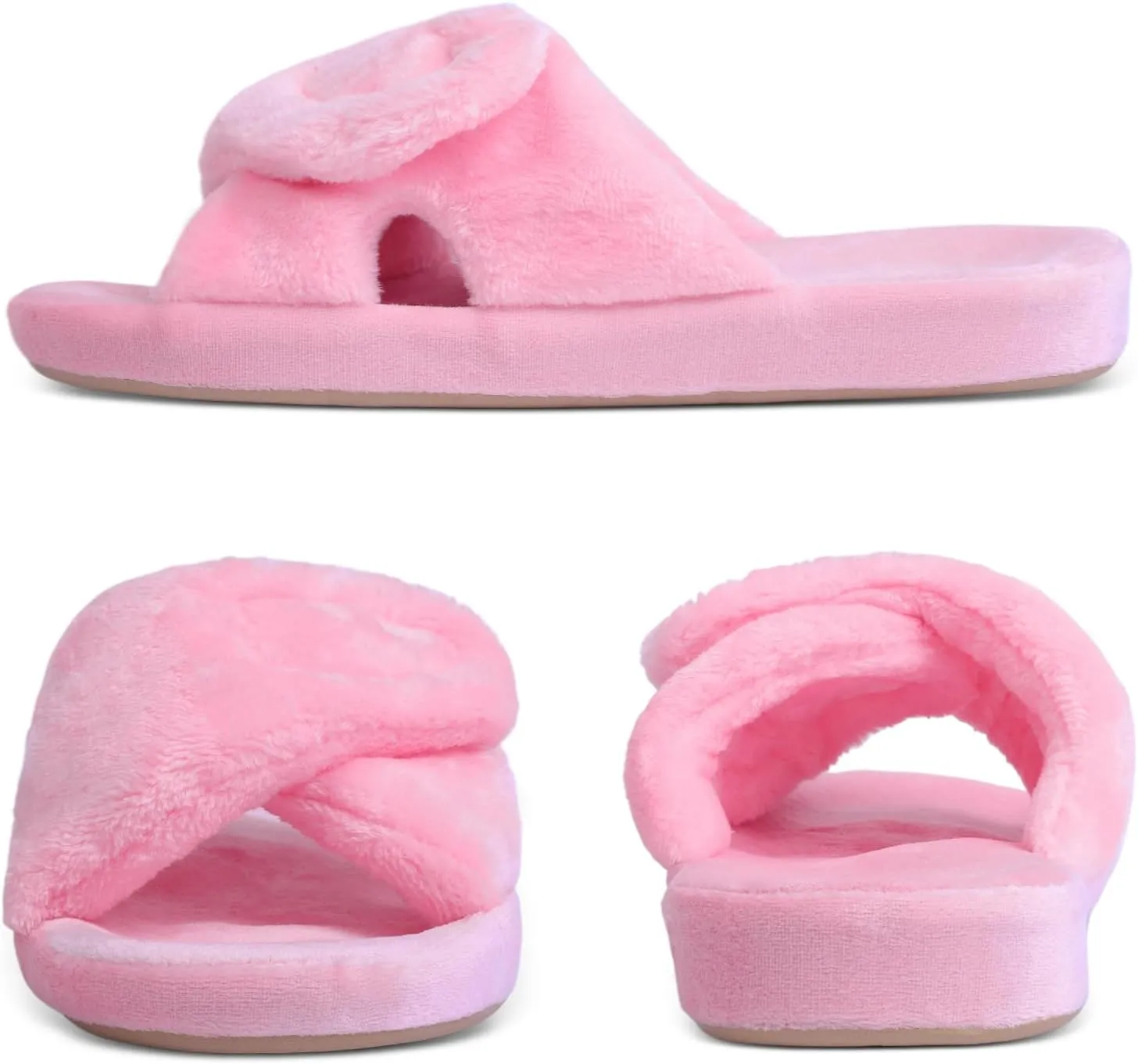 Git-up Women's Adjustable Diabetic Slippers Memory Foam House Shoes Cozy Arch Support Orthotic Heel Cup Arthritis Edema Slippers Non Slip Rubber Sole, Open Toe Fuzzy Slide Sandals for Ladies