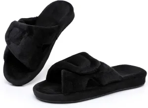 Git-up Women's Adjustable Diabetic Slippers Memory Foam House Shoes Cozy Arch Support Orthotic Heel Cup Arthritis Edema Slippers Non Slip Rubber Sole, Open Toe Fuzzy Slide Sandals for Ladies