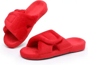 Git-up Women's Adjustable Diabetic Slippers Memory Foam House Shoes Cozy Arch Support Orthotic Heel Cup Arthritis Edema Slippers Non Slip Rubber Sole, Open Toe Fuzzy Slide Sandals for Ladies