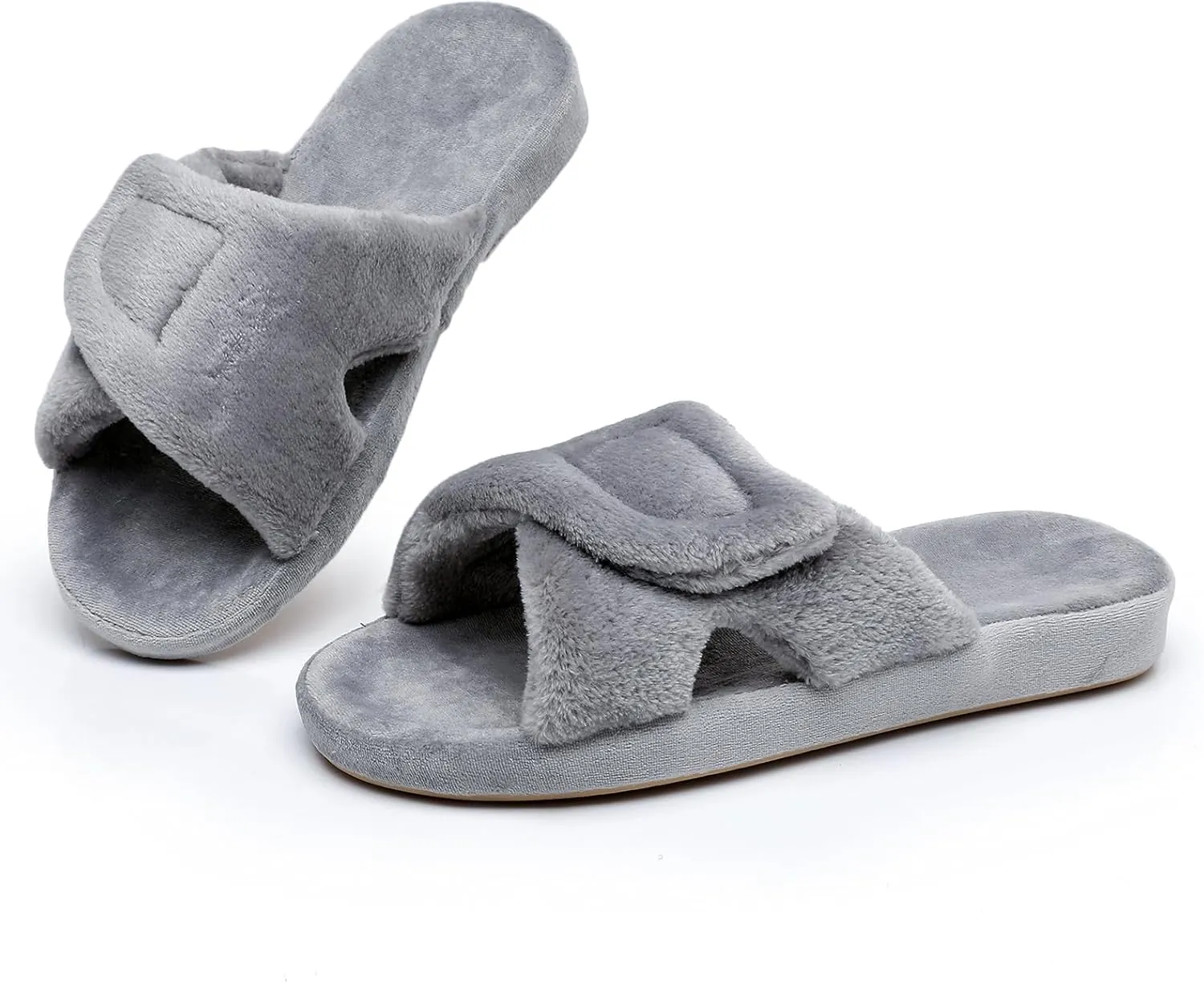 Git-up Women's Adjustable Diabetic Slippers Memory Foam House Shoes Cozy Arch Support Orthotic Heel Cup Arthritis Edema Slippers Non Slip Rubber Sole, Open Toe Fuzzy Slide Sandals for Ladies