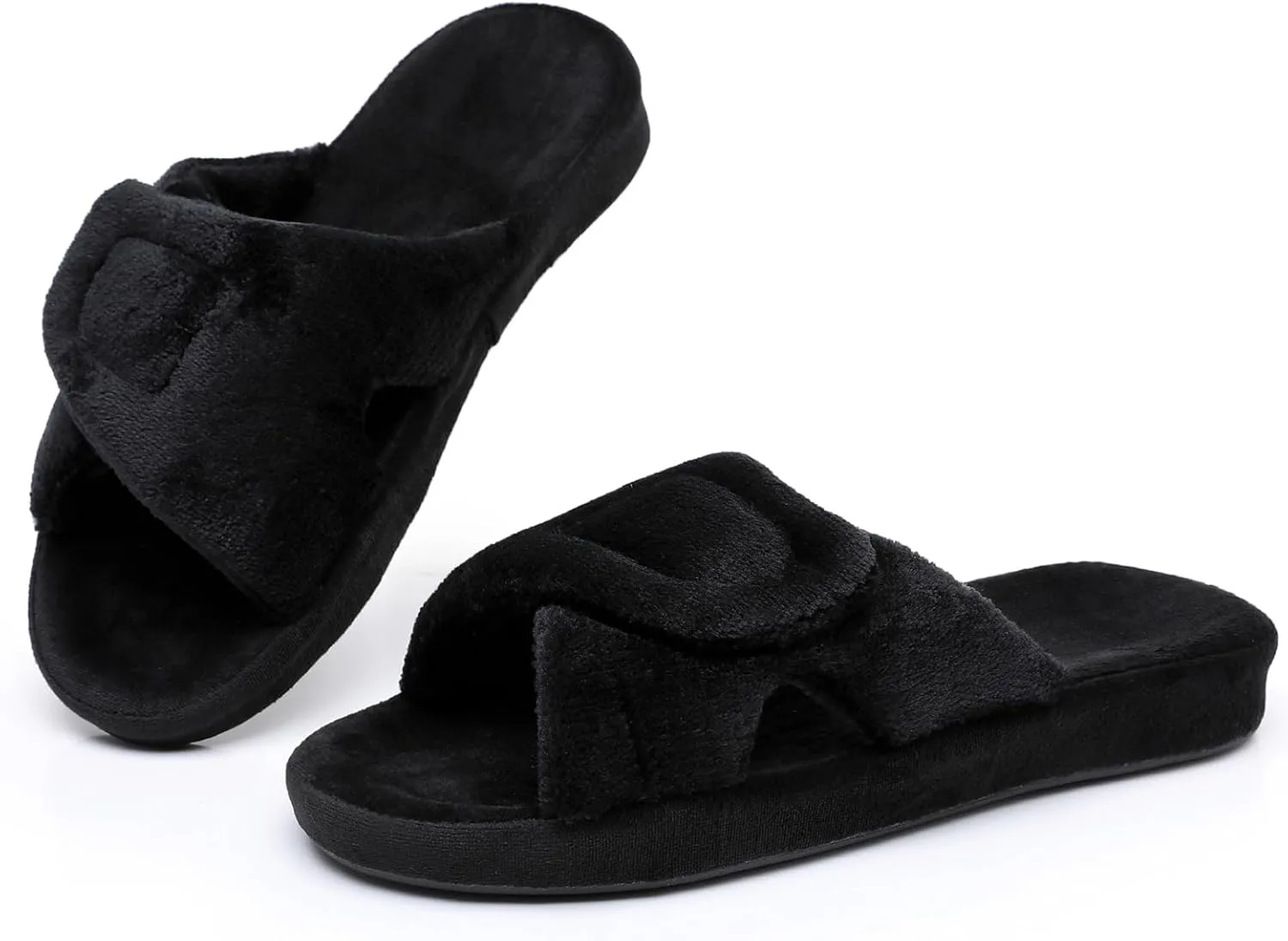 Git-up Women's Adjustable Diabetic Slippers Memory Foam House Shoes Cozy Arch Support Orthotic Heel Cup Arthritis Edema Slippers Non Slip Rubber Sole, Open Toe Fuzzy Slide Sandals for Ladies