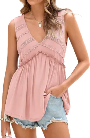 Glamaker Women Summer Tank Tops Babydoll Beach Lace Peplum Tops Flowy Sleeveless V Neck Casual Tunic Shirts