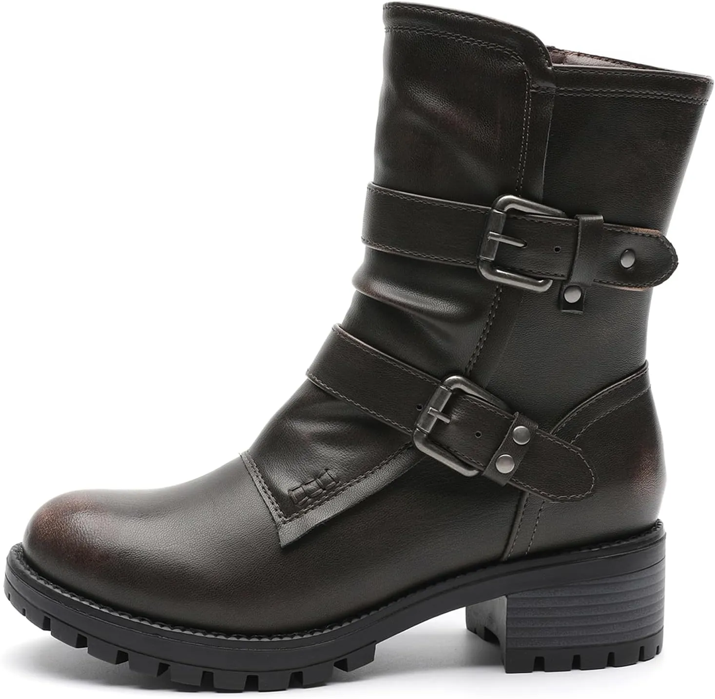 GLOBALWIN Lace up Mid Calf Motorcycle Fashion Festival Boots Combat Riding Military Boots for Women