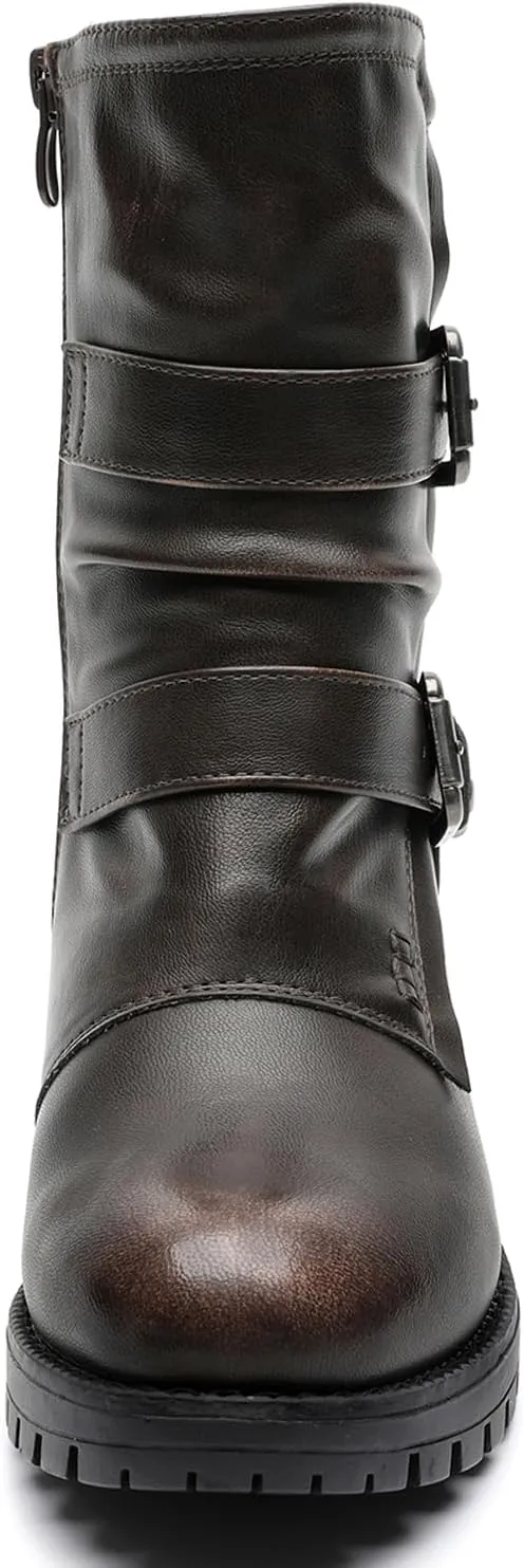 GLOBALWIN Lace up Mid Calf Motorcycle Fashion Festival Boots Combat Riding Military Boots for Women