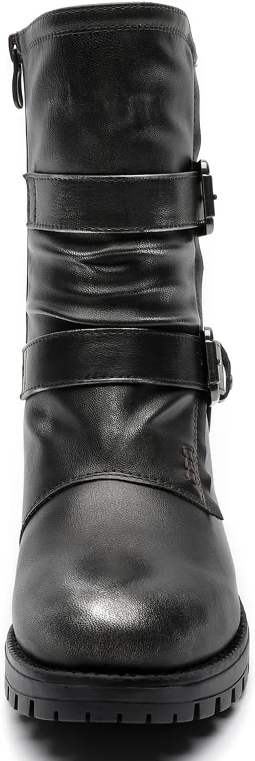 GLOBALWIN Lace up Mid Calf Motorcycle Fashion Festival Boots Combat Riding Military Boots for Women