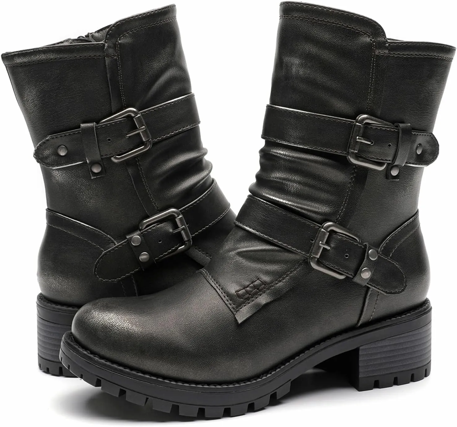 GLOBALWIN Lace up Mid Calf Motorcycle Fashion Festival Boots Combat Riding Military Boots for Women