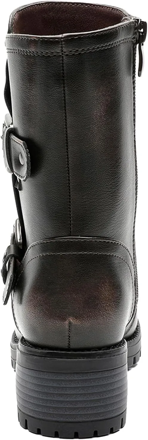 GLOBALWIN Lace up Mid Calf Motorcycle Fashion Festival Boots Combat Riding Military Boots for Women