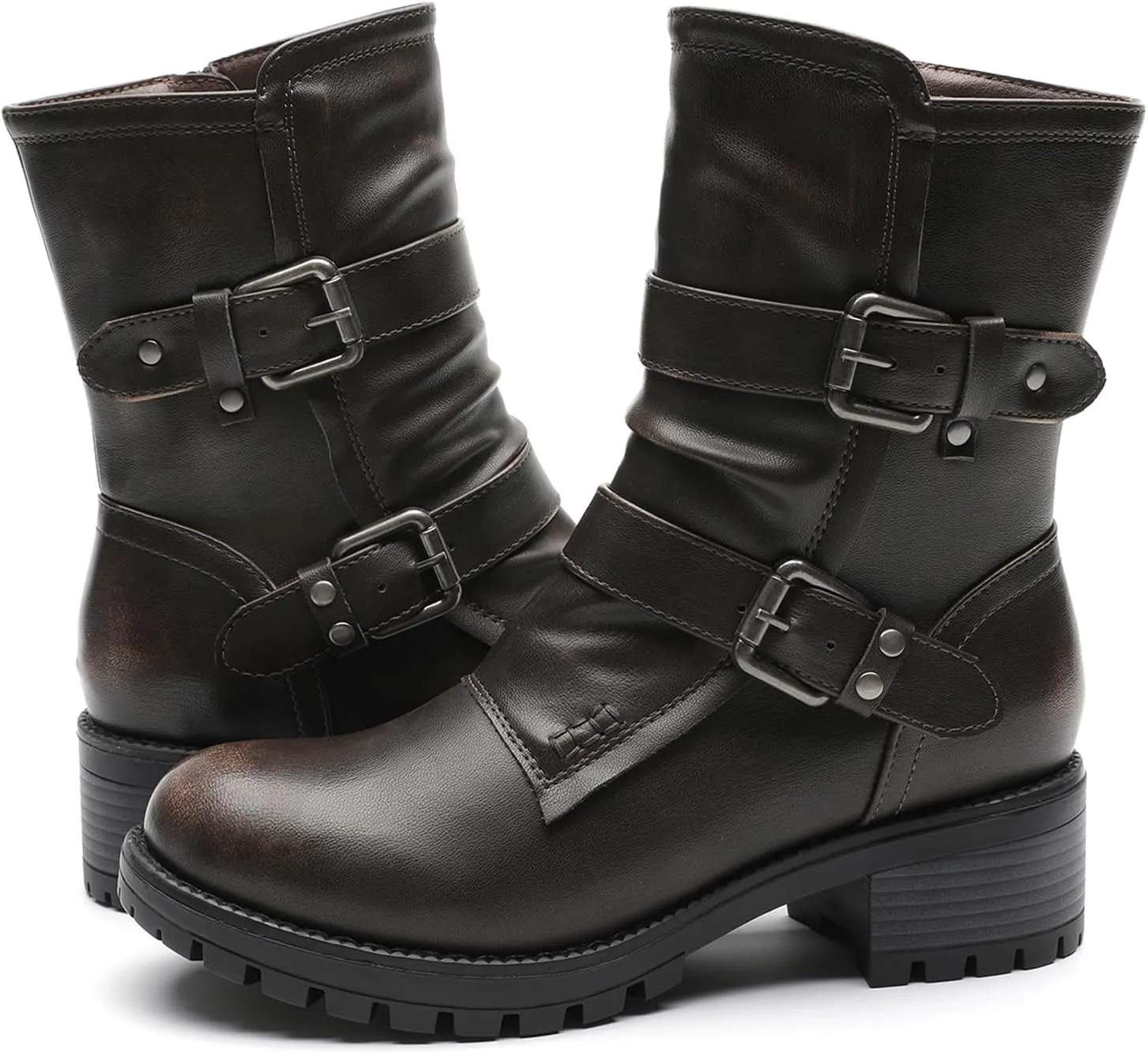 GLOBALWIN Lace up Mid Calf Motorcycle Fashion Festival Boots Combat Riding Military Boots for Women