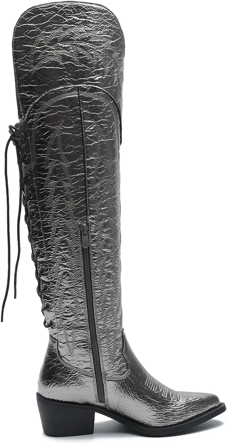 GLOBALWIN Women's Cowboy Western Fashion Over The Knee Thigh High Cowgirl Boots Low Heel