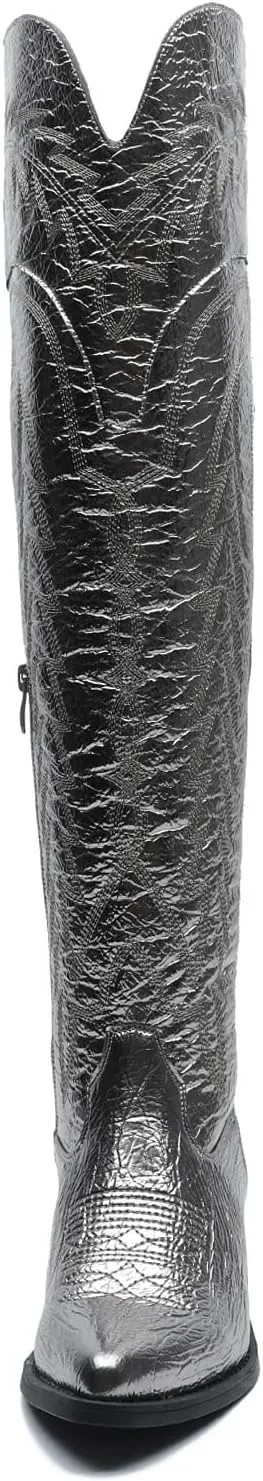 GLOBALWIN Women's Cowboy Western Fashion Over The Knee Thigh High Cowgirl Boots Low Heel