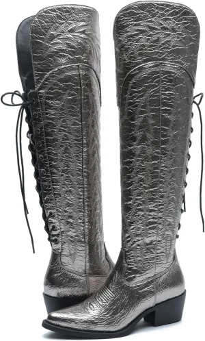 GLOBALWIN Women's Cowboy Western Fashion Over The Knee Thigh High Cowgirl Boots Low Heel