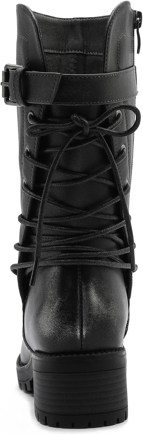 GLOBALWIN Women's Lace up Mid Calf Motorcycle Fashion Festival Boots