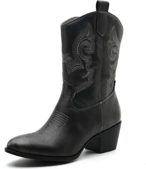 GLOBALWIN Women's Mid Calf The Western Cowgirl Boots Fashion Cowboy Boots For Women Chunky Low Heel