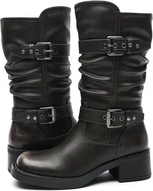 GLOBALWIN Women's Motorcycle Boots Fall Fashion Mid Calf Boots For Women Square Toe Low Heel Size 10M