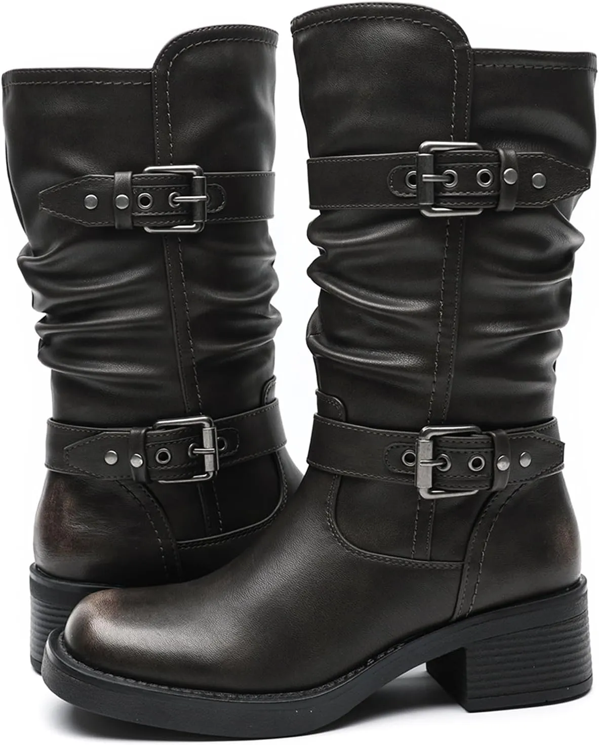 GLOBALWIN Women's Motorcycle Boots Fall Fashion Mid Calf Boots For Women Square Toe Low Heel Size 10M