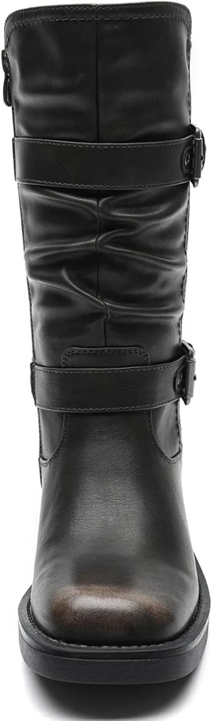 GLOBALWIN Women's Motorcycle Boots Fall Fashion Mid Calf Boots For Women Square Toe Low Heel Size 10M