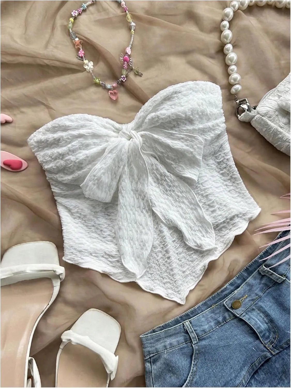 GORGLITTER Women's Bow Strapless Tube Top Asymmetrical Sleeveless Open Back Bandeau Crop Tops Summer Cute Going Out Top