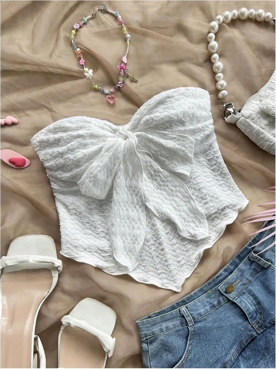 GORGLITTER Women's Bow Strapless Tube Top Asymmetrical Sleeveless Open Back Bandeau Crop Tops Summer Cute Going Out Top