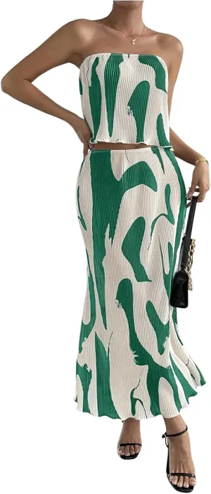 GORGLITTER Women's Summer Maxi Skirt Set 2 Piece Vacation Set Strapless Crop Tube Top and Skirt Sets Outfit