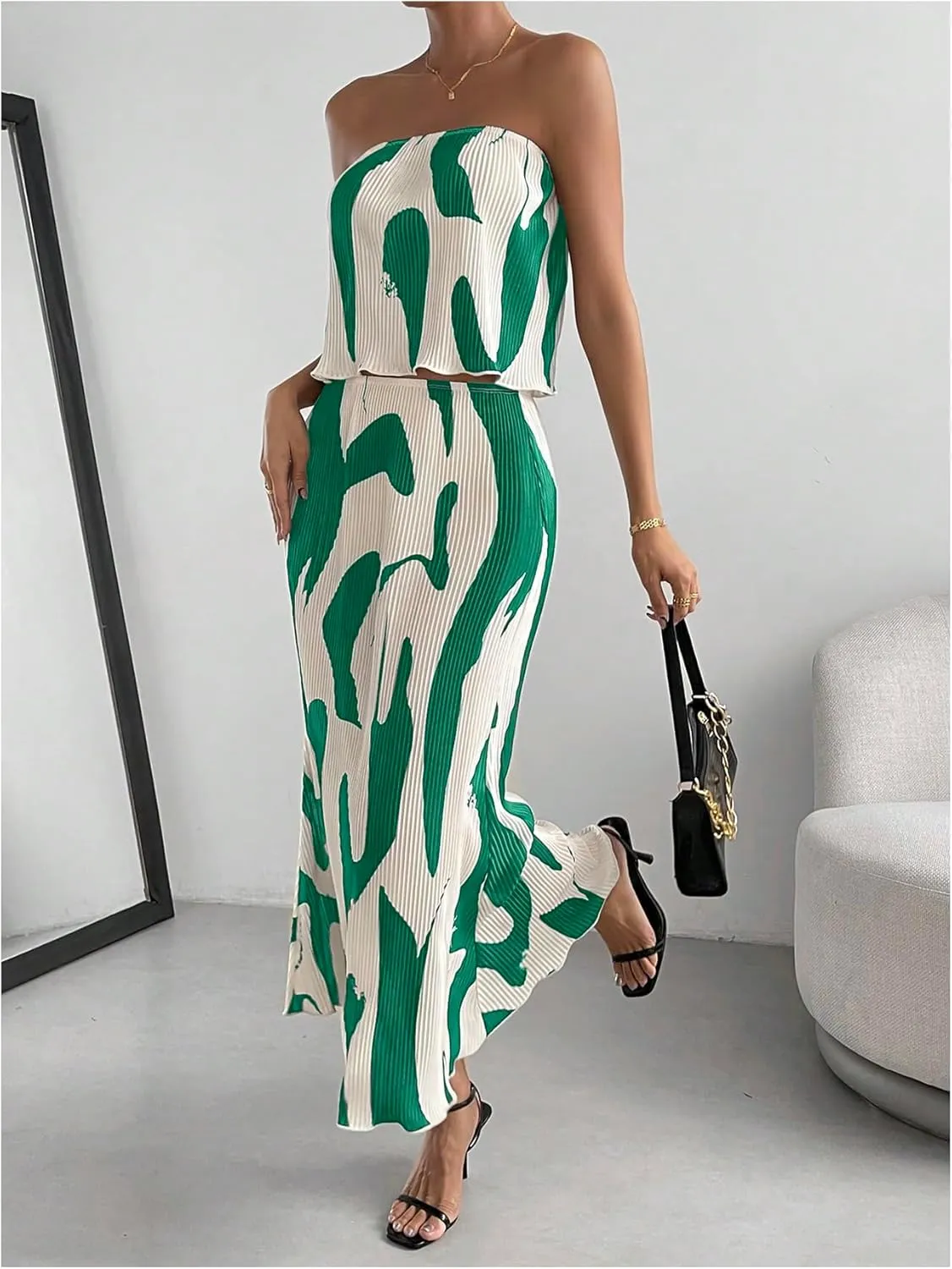GORGLITTER Women's Summer Maxi Skirt Set 2 Piece Vacation Set Strapless Crop Tube Top and Skirt Sets Outfit