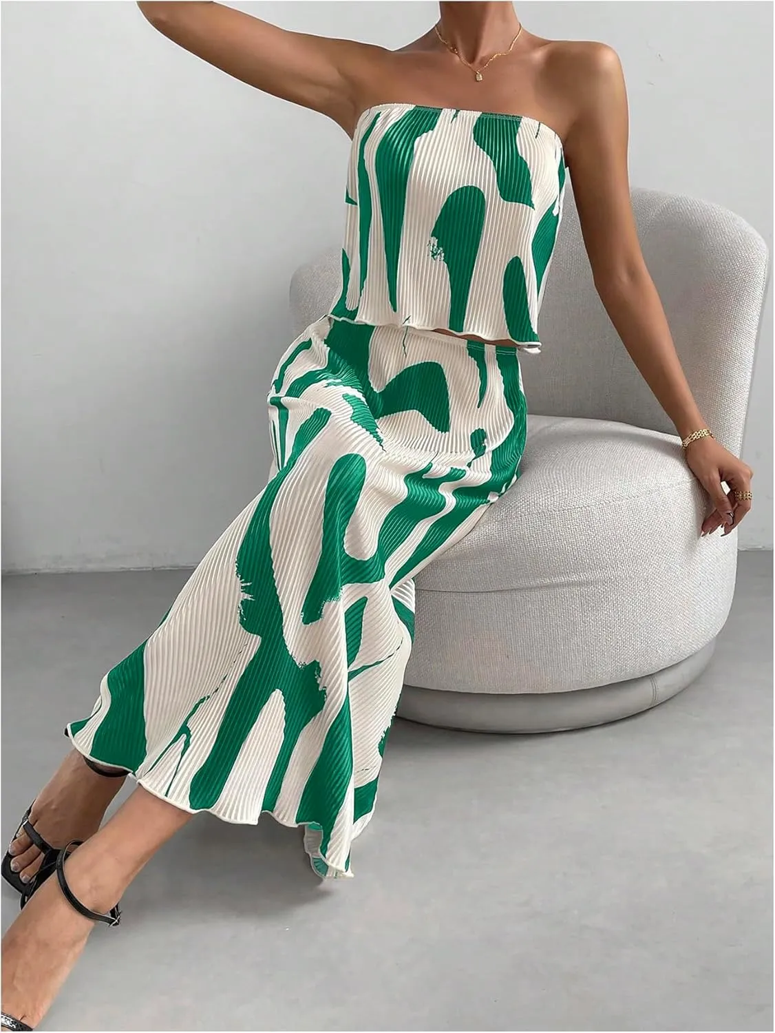 GORGLITTER Women's Summer Maxi Skirt Set 2 Piece Vacation Set Strapless Crop Tube Top and Skirt Sets Outfit