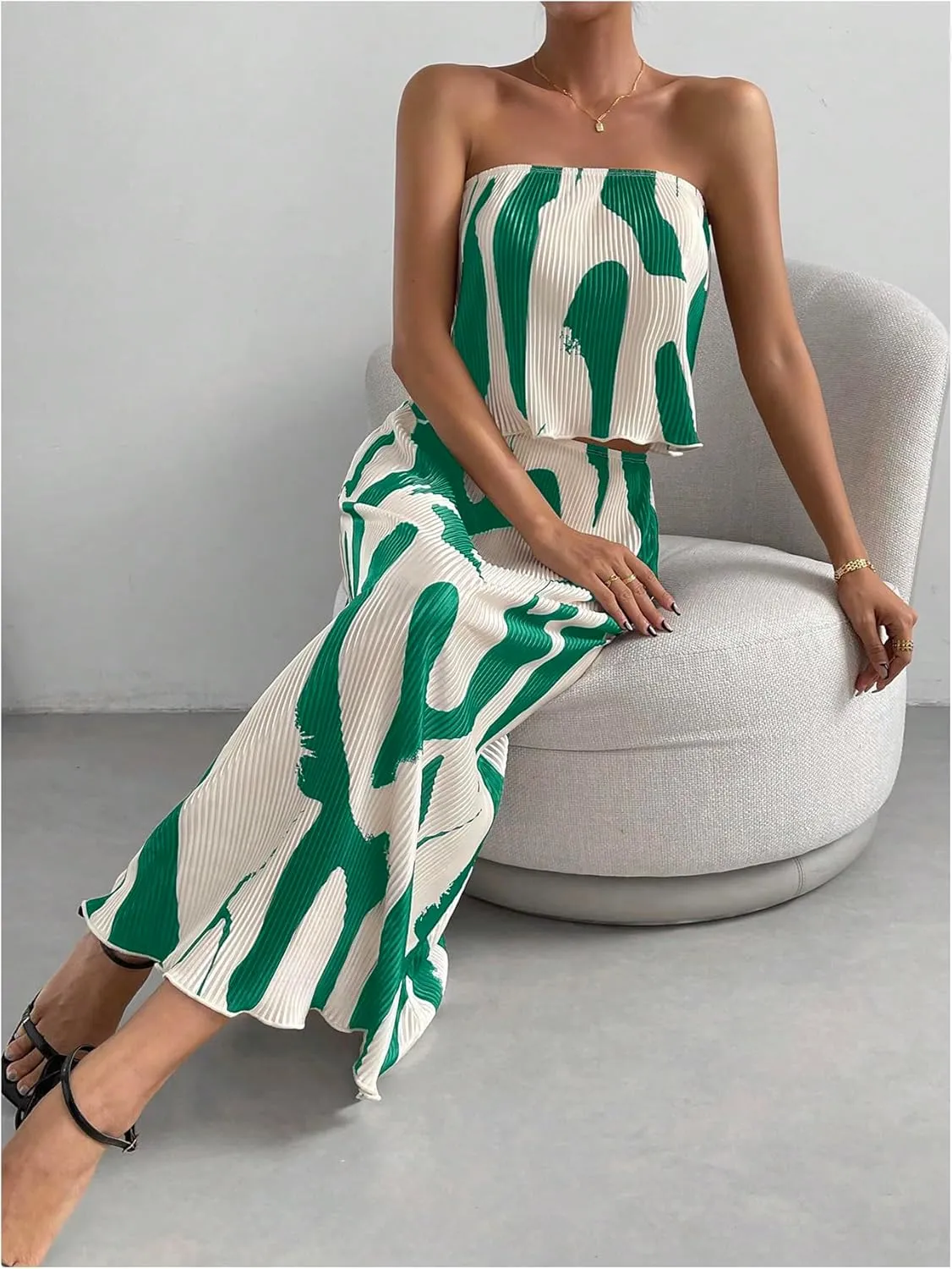 GORGLITTER Women's Summer Maxi Skirt Set 2 Piece Vacation Set Strapless Crop Tube Top and Skirt Sets Outfit