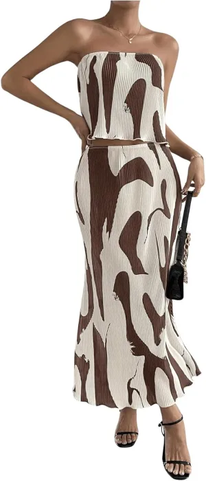 GORGLITTER Women's Summer Maxi Skirt Set 2 Piece Vacation Set Strapless Crop Tube Top and Skirt Sets Outfit