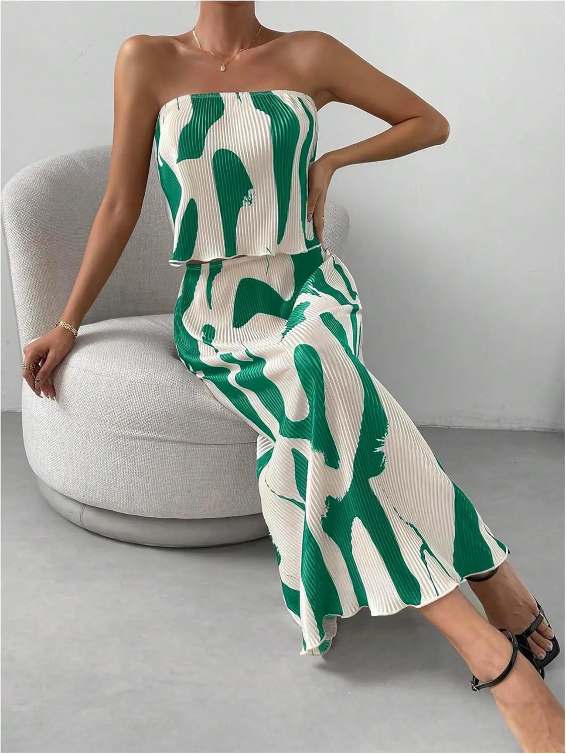 GORGLITTER Women's Summer Maxi Skirt Set 2 Piece Vacation Set Strapless Crop Tube Top and Skirt Sets Outfit