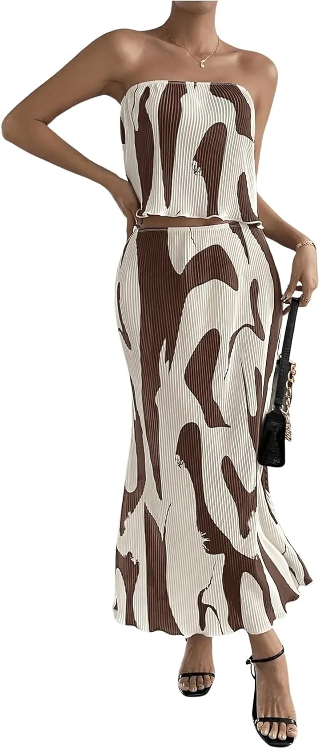 GORGLITTER Women's Summer Maxi Skirt Set 2 Piece Vacation Set Strapless Crop Tube Top and Skirt Sets Outfit