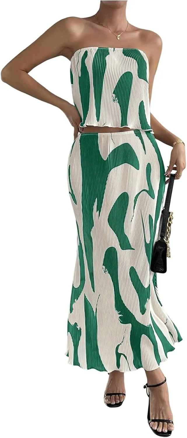 GORGLITTER Women's Summer Maxi Skirt Set 2 Piece Vacation Set Strapless Crop Tube Top and Skirt Sets Outfit