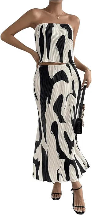 GORGLITTER Women's Summer Maxi Skirt Set 2 Piece Vacation Set Strapless Crop Tube Top and Skirt Sets Outfit