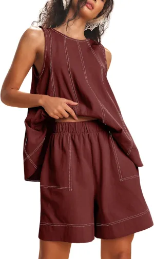 Gozoloma Womens 2 Piece Outfits Sleeveless Matching Sets A Line Tank Tops Contrast Stitching High Waist Shorts with Pockets
