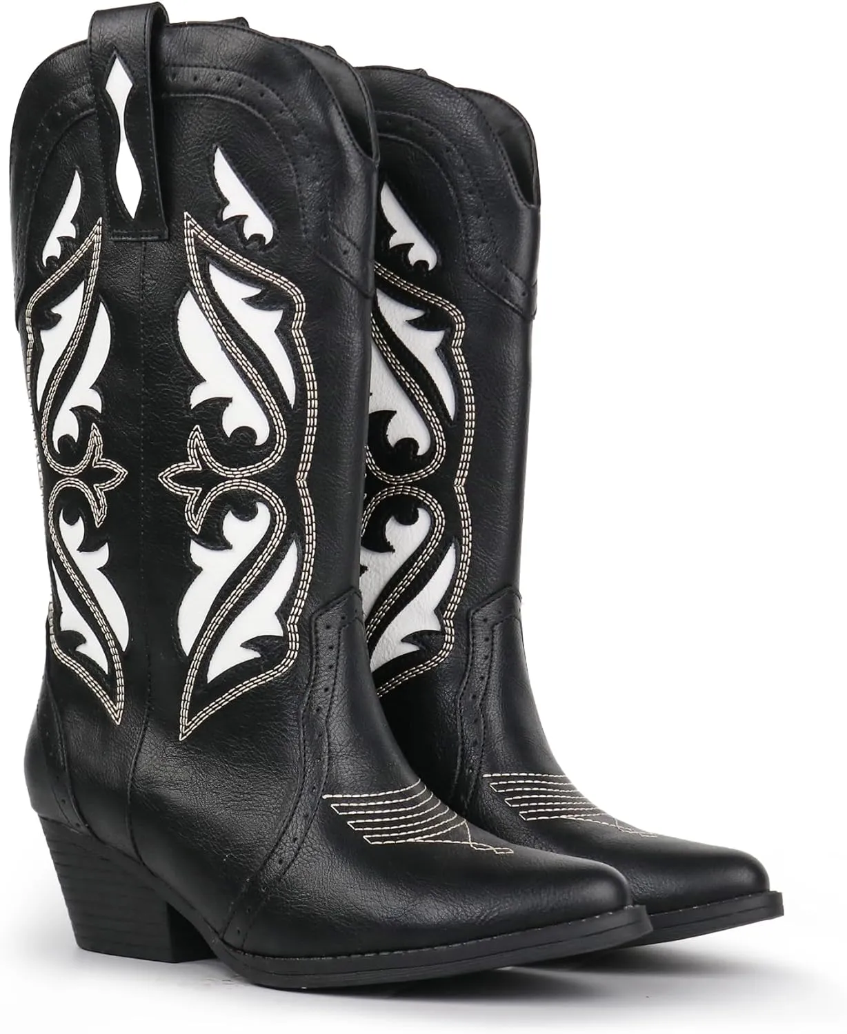 Hawkwell Women's Embroidered Stitched Mid Calf Cowboy Boots Pointed Toe Chunky Block Heel Classic Pull On Cowgirl Western Booties