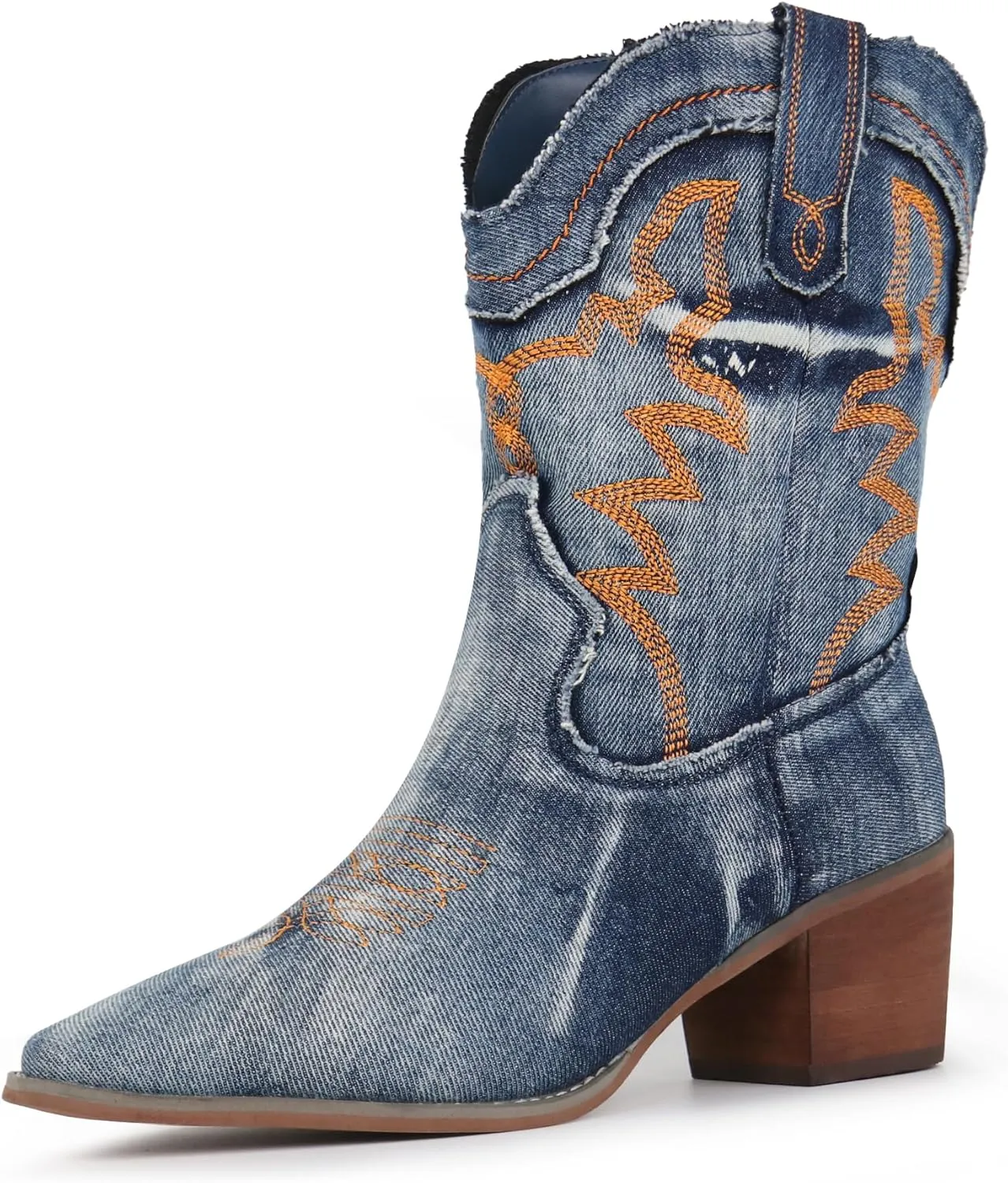 Hawkwell Women's Embroidered Stitched Rodeo Boots Pointed Toe Chunky Block Heel Classic Pull On Cowgirl Ankle Western Booties