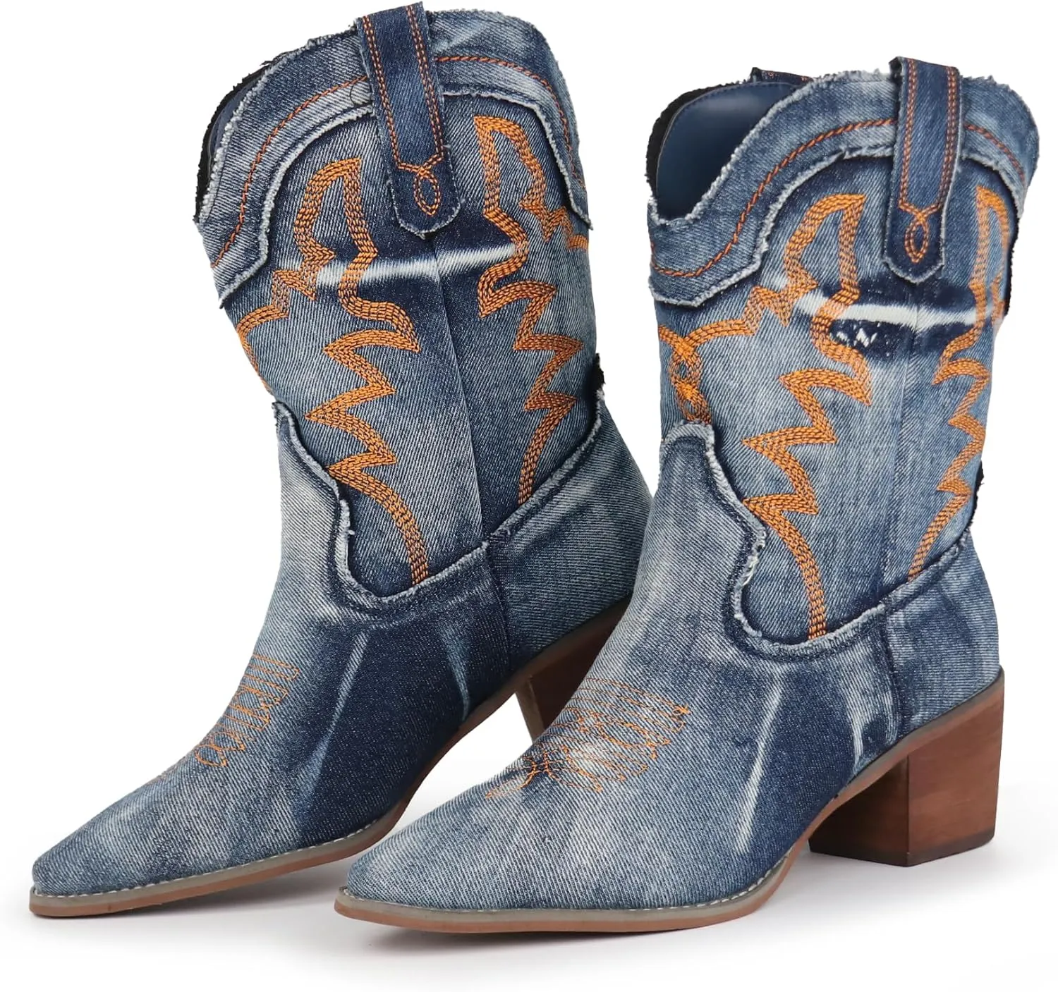 Hawkwell Women's Embroidered Stitched Rodeo Boots Pointed Toe Chunky Block Heel Classic Pull On Cowgirl Ankle Western Booties