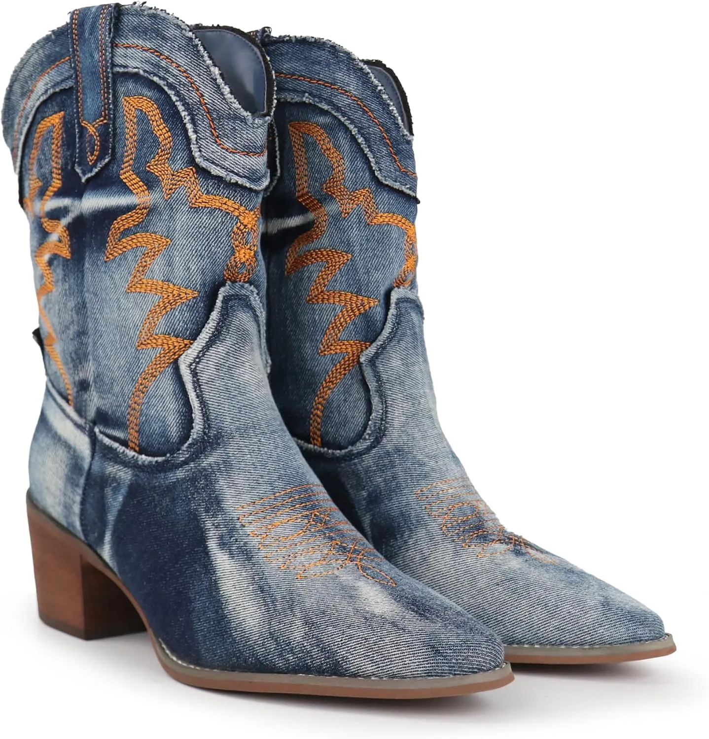 Hawkwell Women's Embroidered Stitched Rodeo Boots Pointed Toe Chunky Block Heel Classic Pull On Cowgirl Ankle Western Booties