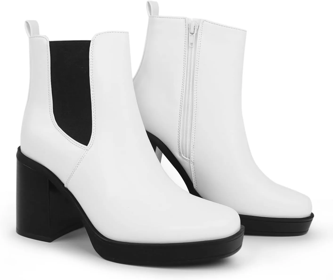 Hawkwell Women's Platform Side Zipper Chelsea Boots Chunky High Heel Square Toe Ankle Booties