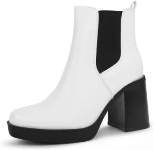 Hawkwell Women's Platform Side Zipper Chelsea Boots Chunky High Heel Square Toe Ankle Booties